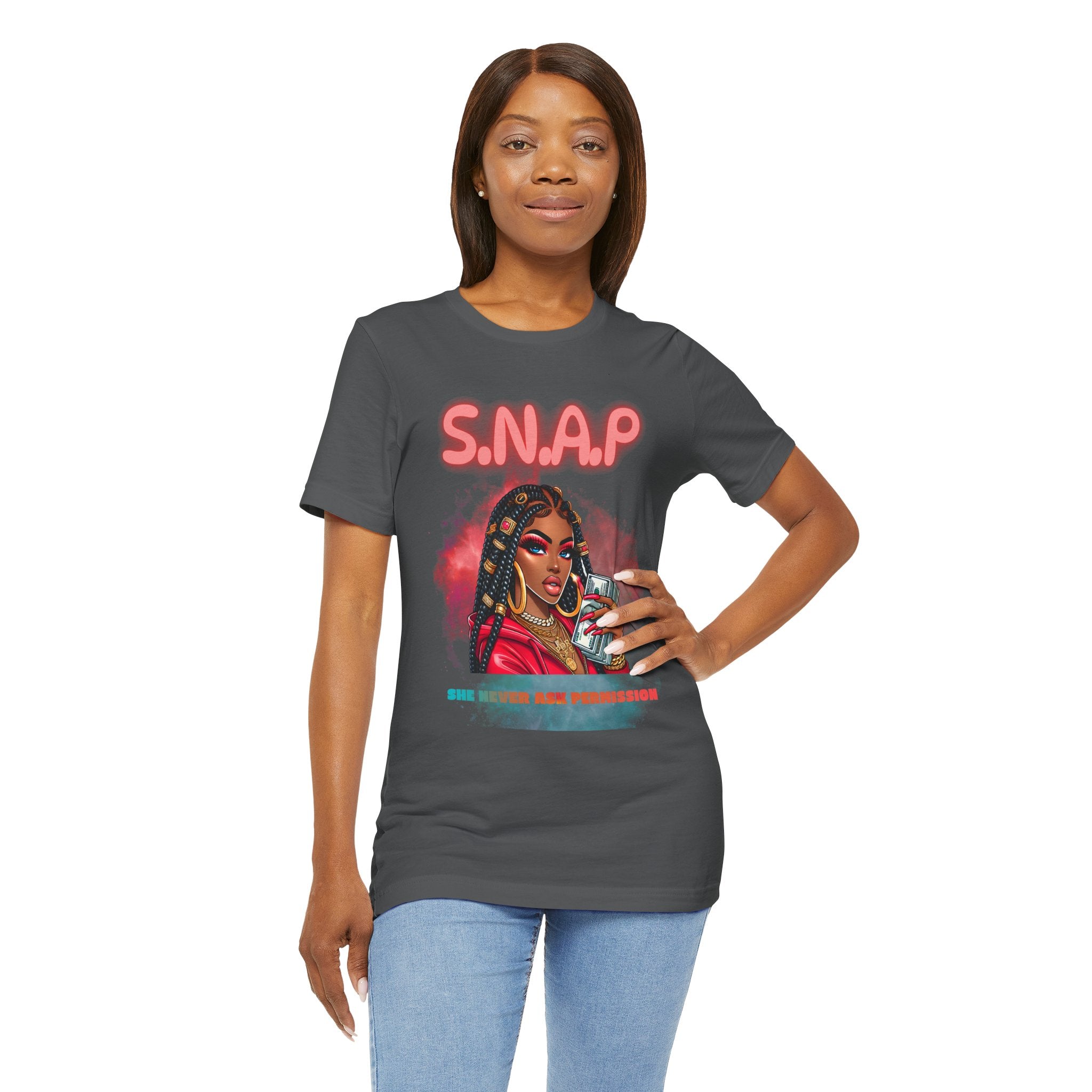 Woman wearing a gray t-shirt with a graphic design and text on a white background