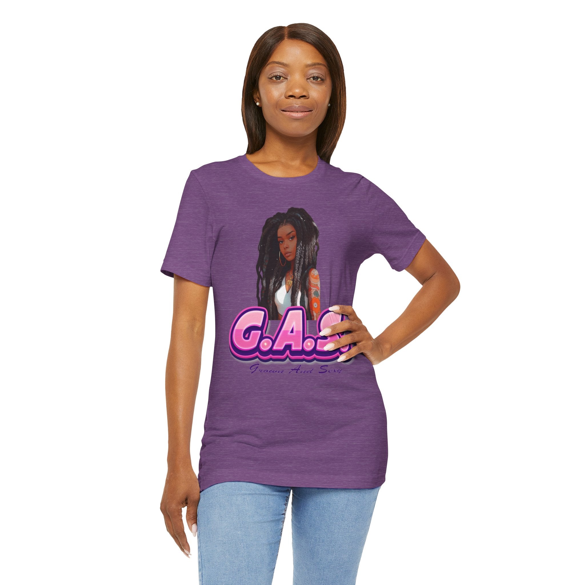 Woman wearing a purple t-shirt with a graphic design and text on a white background GAS 4