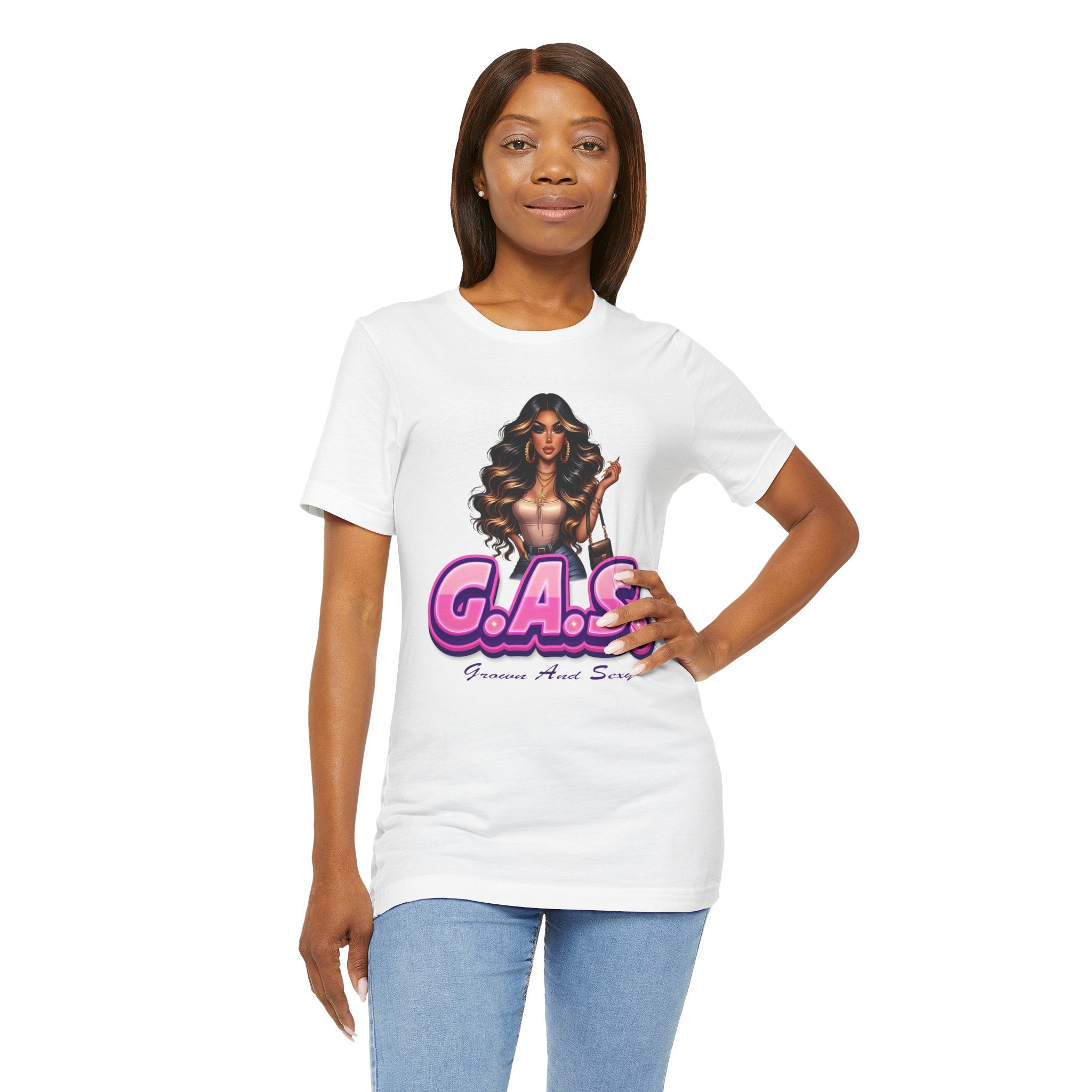 Woman wearing a white t-shirt with a graphic design and text on a white background