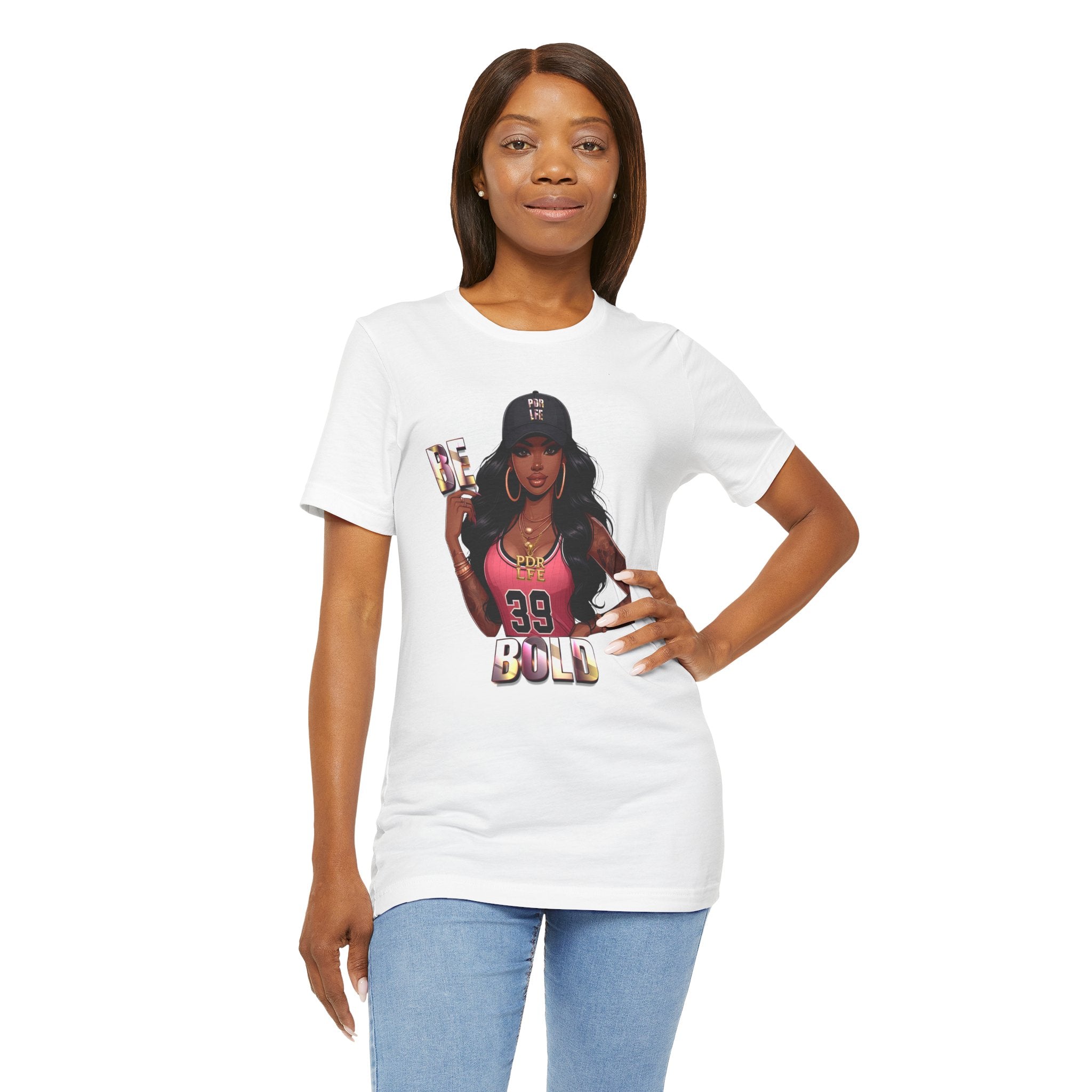Woman wearing a white t-shirt with a graphic design on a white background