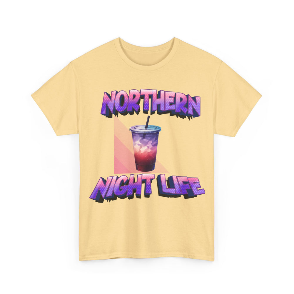 Yellow t-shirt with 'Northern Night Life' graphic design on a white background