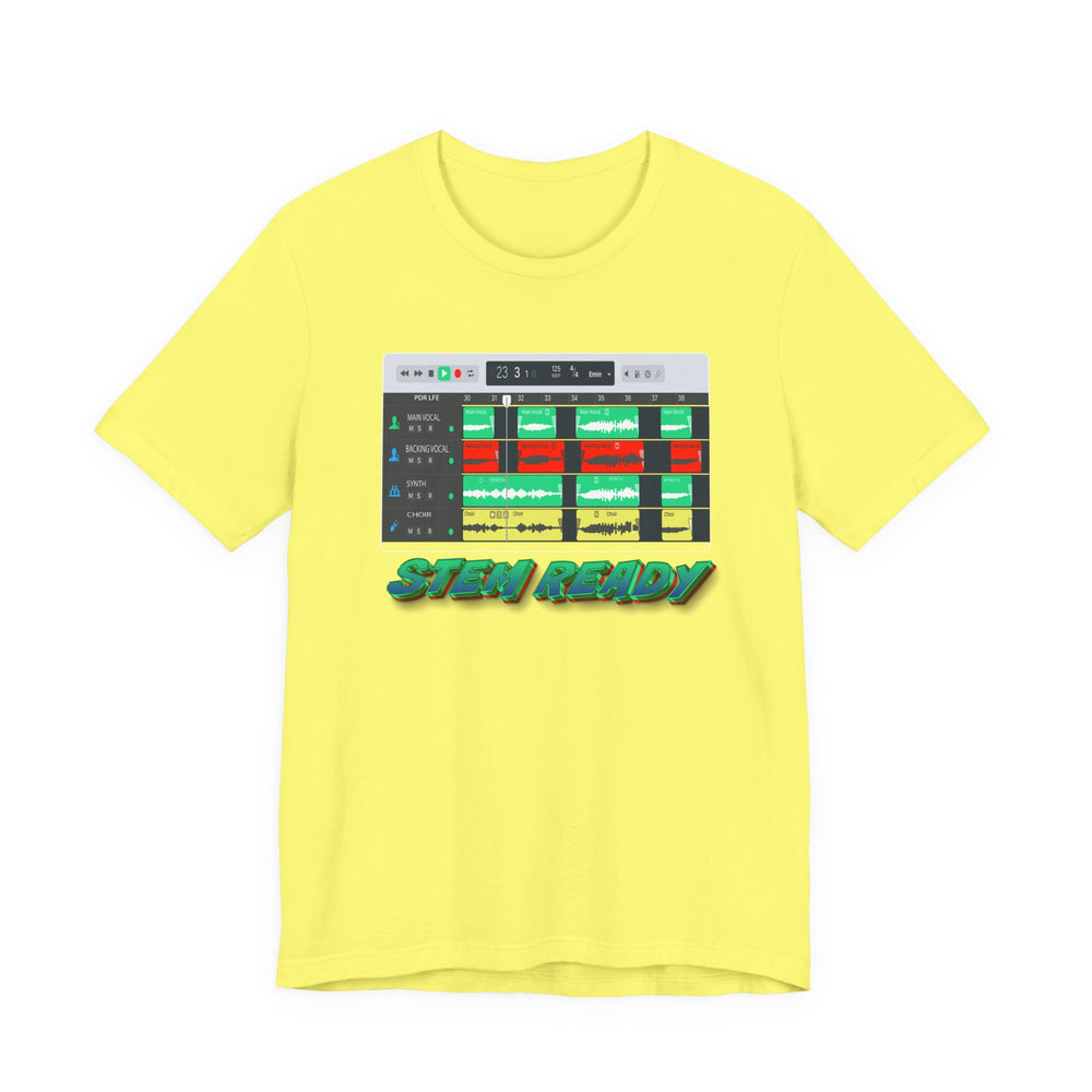 Yellow t-shirt with a graphic design and text 'STEM READY' on a white background
