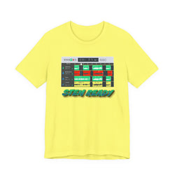 Yellow t-shirt with a graphic design and text 'STEM READY' on a white background
