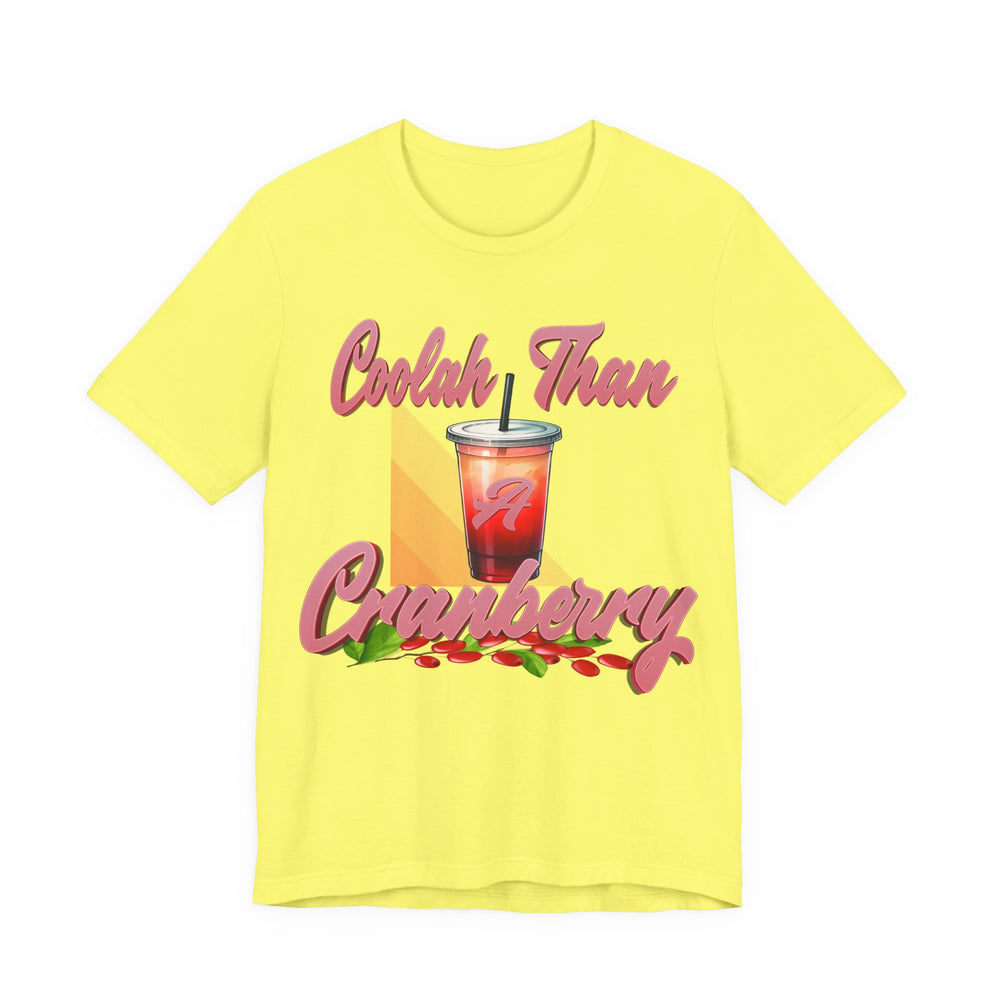 Yellow t-shirt with a graphic design featuring a drink and text on a white background