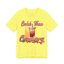 Yellow t-shirt with a graphic design featuring a drink and text on a white background