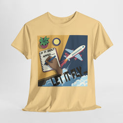 Beige t-shirt with a graphic design featuring a notebook, hand, airplane, and text on a light gray background.
