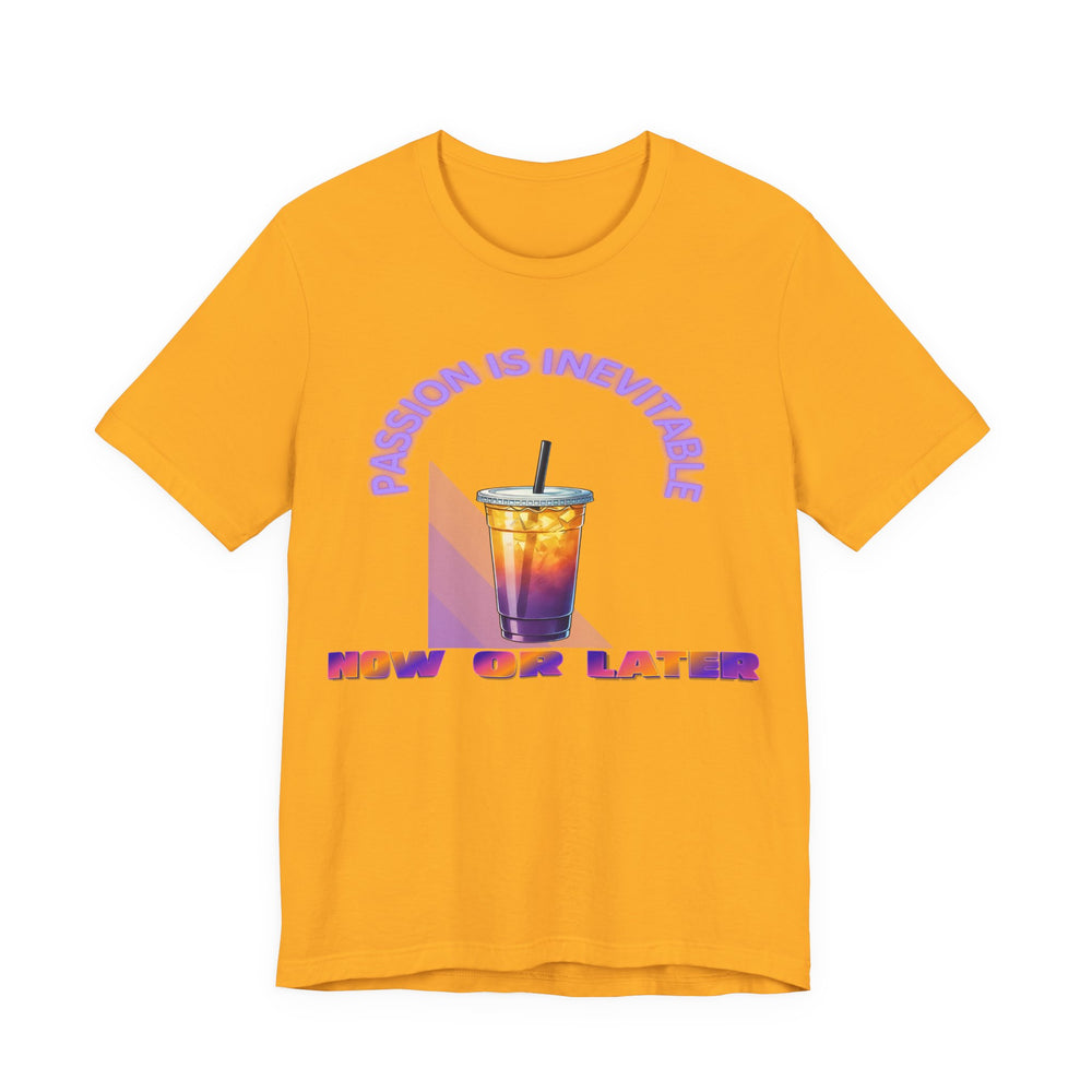 Yellow t-shirt with a graphic of a colorful drink and text on a white background
