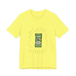 Yellow t-shirt with a graphic of a salsa container on a white background