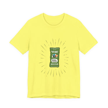 Yellow t-shirt with a graphic of a salsa container on a white background