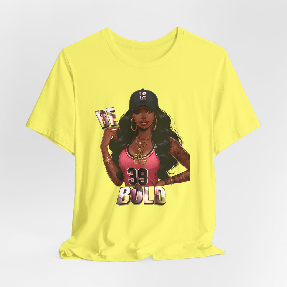 Yellow t-shirt with a graphic of a woman and text on a white background