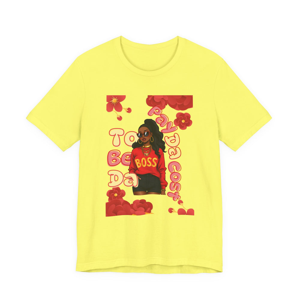 Yellow t-shirt with a graphic of a woman in a red outfit and text on a white background