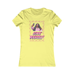 Yellow t-shirt with a graphic of a woman taking a selfie and the text 'LOVE YOURSELF' on a white background.