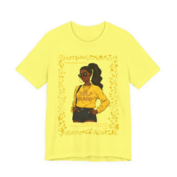 Yellow t-shirt with a graphic of a woman wearing sunglasses and 'SELF MADE' shirt, on a white background.