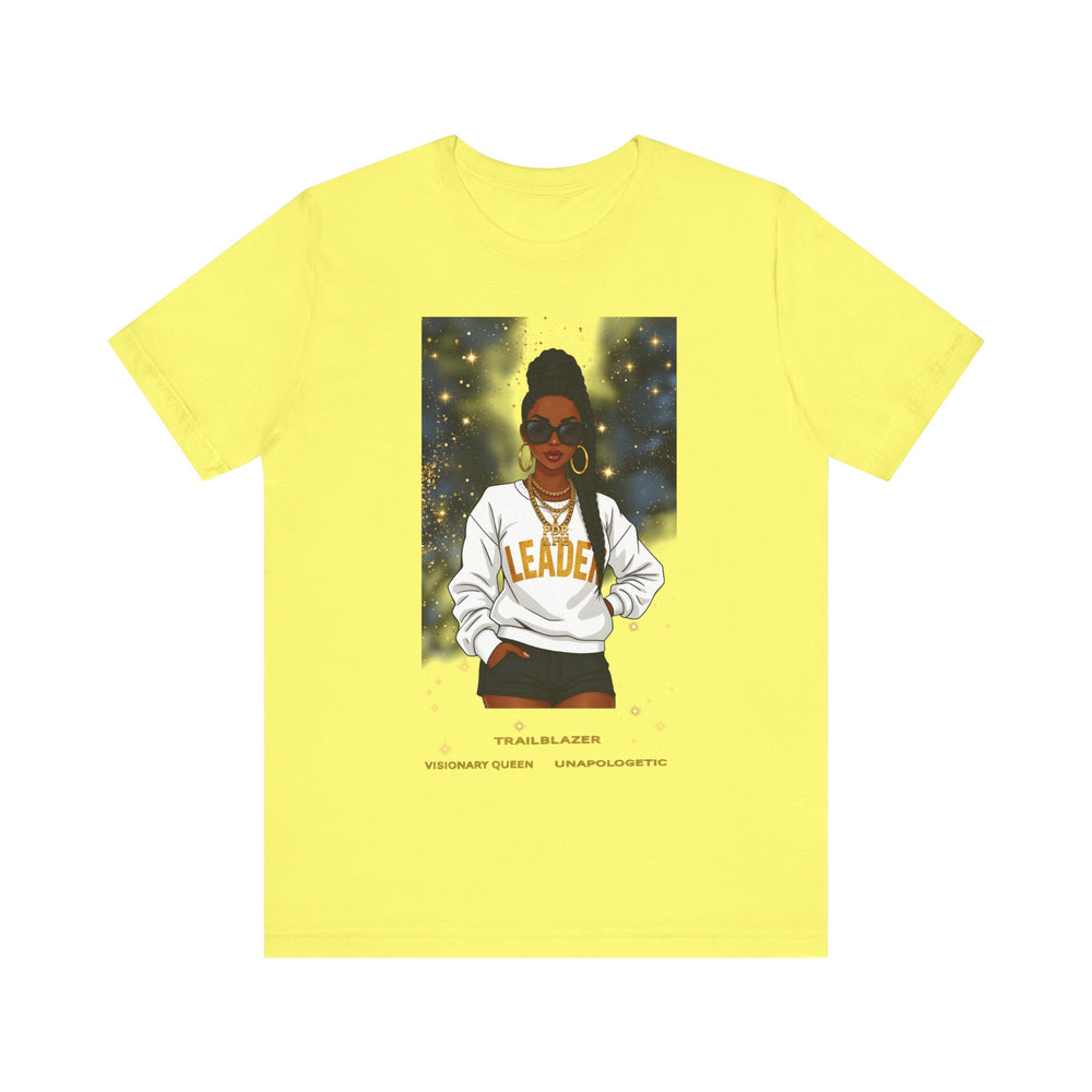 Yellow t-shirt with a graphic of a woman wearing sunglasses and a 'Leader' sweatshirt on a white background.