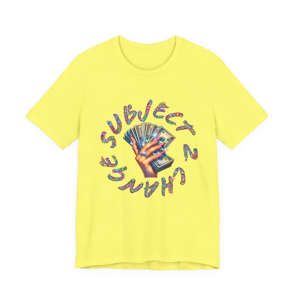 Yellow t-shirt with colorful graphic design on a white background