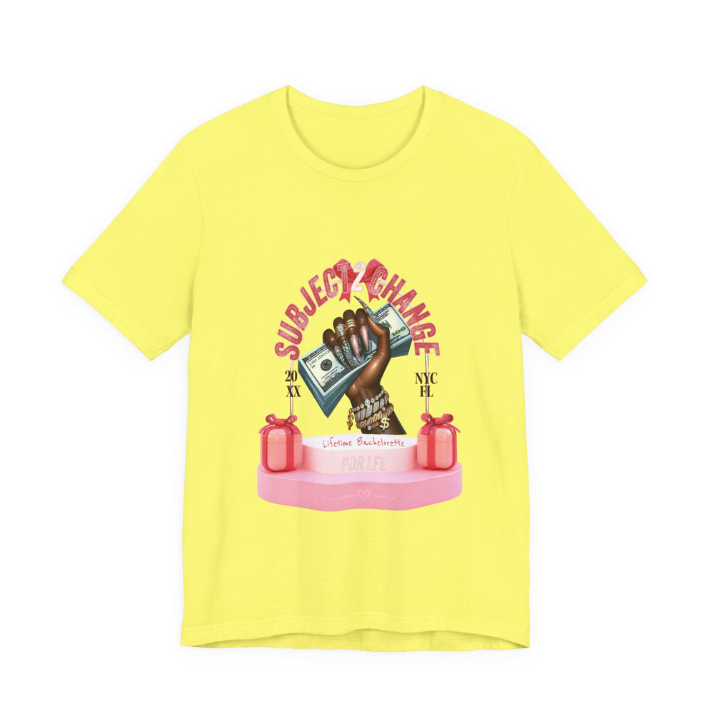 Yellow t-shirt with graphic design featuring a hand holding money and text on a white background
