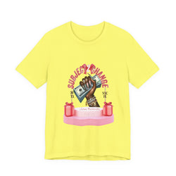 Yellow t-shirt with graphic design featuring a hand holding money and text on a white background