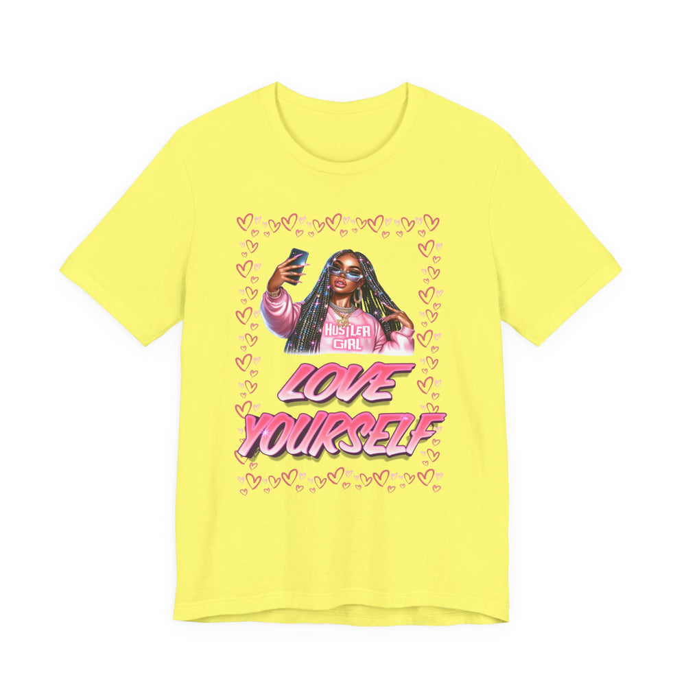 Yellow t-shirt with graphic design of a woman, text, and hearts on a white background