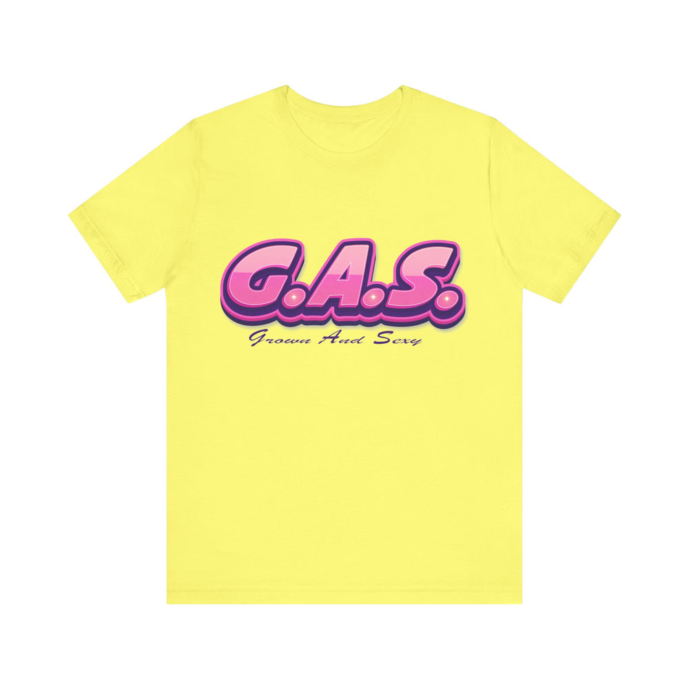 Yellow t-shirt with pink 'G.A.S.' logo on a white background