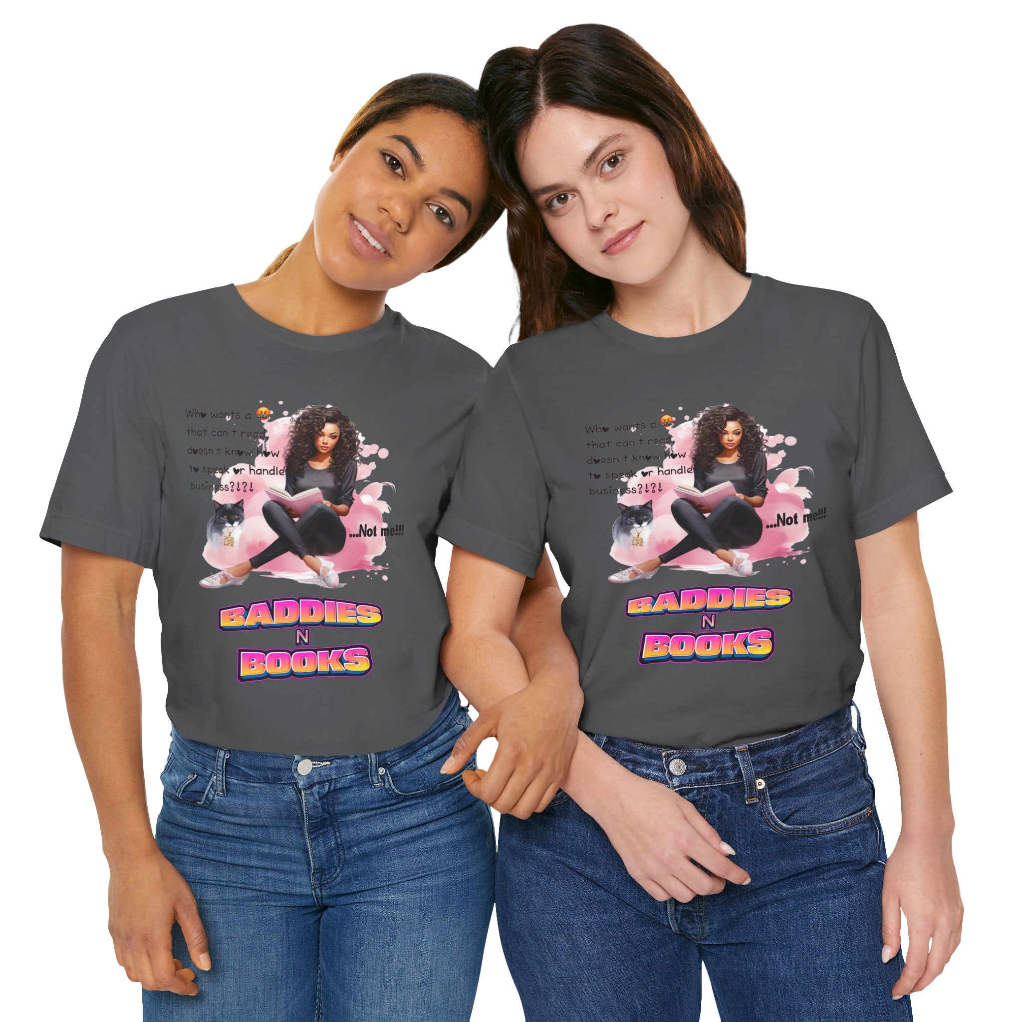 Two people wearing gray t-shirts with a graphic design and text on a white background